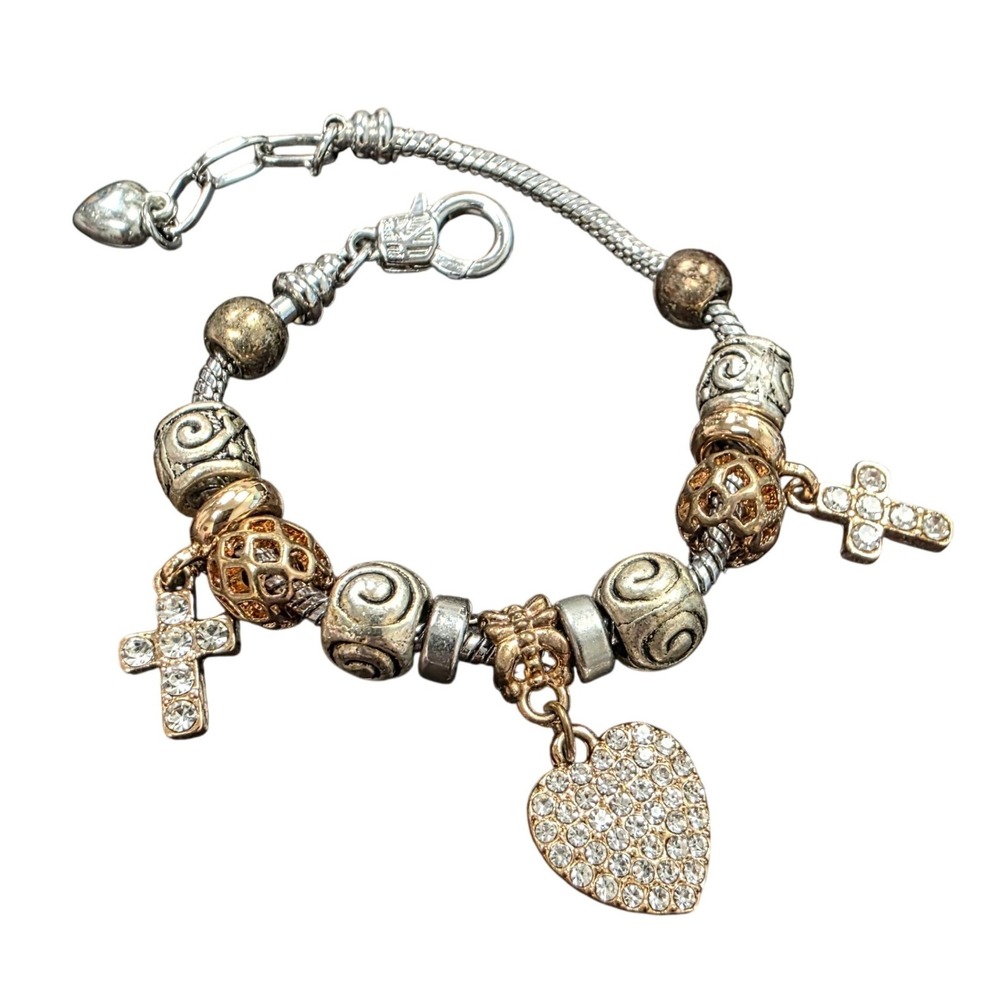 Mixed Metal Charm Bracelet Silver Rose Gold Tone Pave Heart Rhinestone Crosses